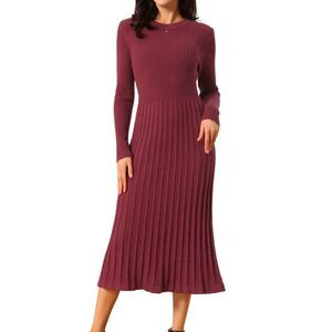 Women's Long Sleeve Sweater Dress Fall Crewneck Knit Pleated Dress Wine Red